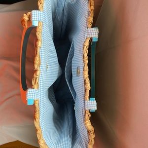 Amanda Smith Straw with checker baby blue inside and baby blue ribbon